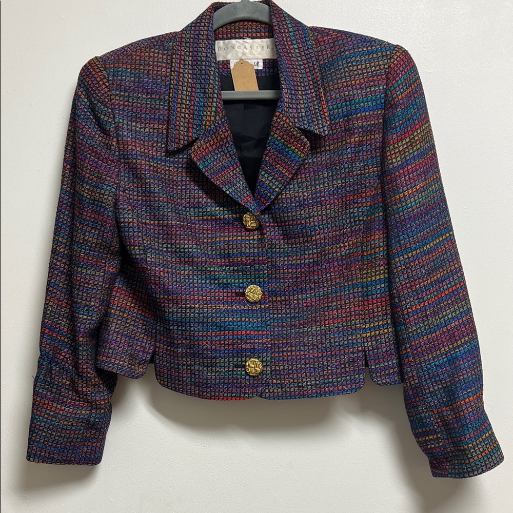 Vintage Don Caster Colorful Woven Silk Tweed  Blazer Gold Buttons Cropped Medium